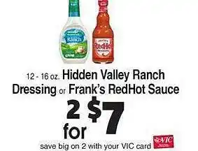 Harris Teeter Hidden valley ranch dressing or frank's redhot sauce offer