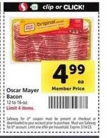 Safeway Oscar mayer bacon offer