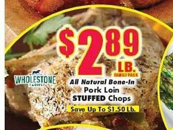 All natural bone-in pork loin stuffed chops