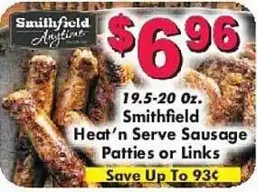 Super One Foods Smithfield heat'n serve sausage pattie or links offer