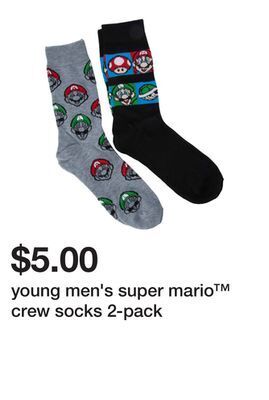 Five Below Young men's super mario™ crew socks 2-pack offer