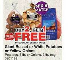 Giant Food Giant russet or white potatoes or yellow onions offer