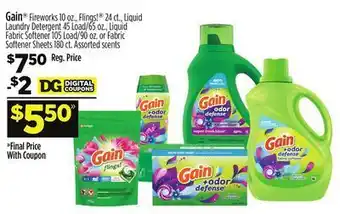 Dollar General Gain® fireworks, flings!®, liquid laundry detergent load/, liquid fabric softener load/ or fabric softener sheets offer