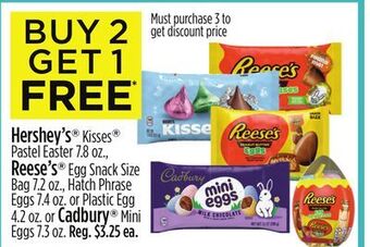 Dollar General Hershey's® kisses® pastel easter, reese's® egg snack size bag, hatch phrase eggs or plastic egg or cadbury® mini eggs offer