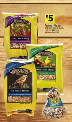 Dollar General Audubon friends® bird food finch, no waste, fruit, nut & berry or sunflower feast bell offer