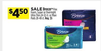 Dollar General Breeze™ flex foam, super or overnight ultra thin or maxi pads offer