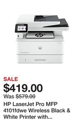 Office Depot Hp laserjet pro mfp 4101fdwe wireless black & white printer with hp+ smart office features and fax (2z619e) offer