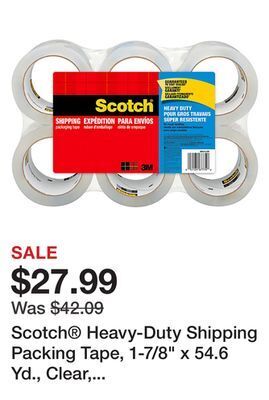 Office Depot Scotch® heavy-duty shipping packing tape, 1-7/8" x 54.6 yd., clear, pack of 6 rolls offer