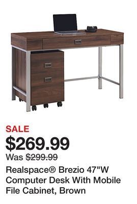 Office Depot Realspace® brezio 47"w computer desk with mobile file cabinet, brown offer