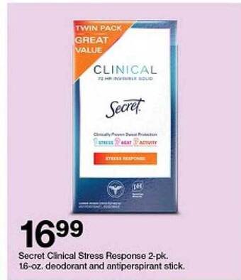 Target Secret clinical stress response deodorant and antiperspirant stick offer