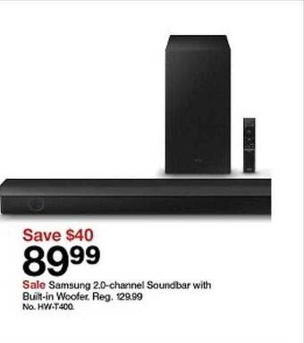 Target Samsung 2.0-channel soundbar with built-in woofer offer
