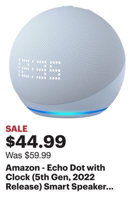 Best Buy Amazon - echo dot with clock (5th gen, 2022 release) smart speaker with alexa - cloud blue offer