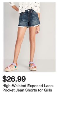 Old Navy High-waisted exposed lace-pocket jean shorts for girls offer