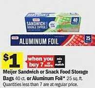 Meijer Meijer sandwich or snack food storage bags or aluminum foil offer