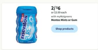 Walgreens Mentos mints or gum offer