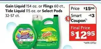 Family Dollar Gain liquid or flings tide liquid or select pods offer