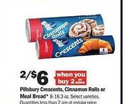 Meijer Pillsbury crescents, cinnamon rolls or meal bread offer