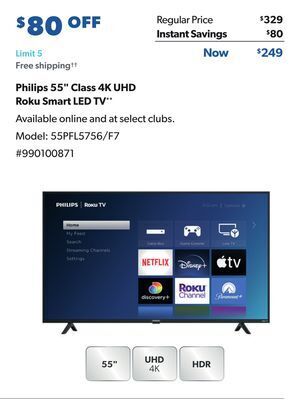 Sam's Club Philips 55" class 4k uhd roku smart led tv offer