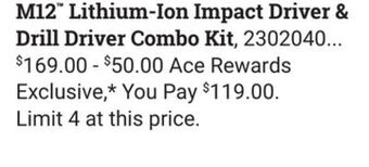 Ace Hardware M12™ lithium-ion impact driver & drill driver combo kit offer