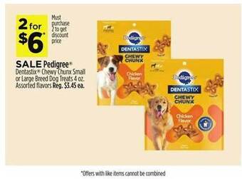 Dollar General Pedigree dentastix chewy chunx small or large breed dog treats offer
