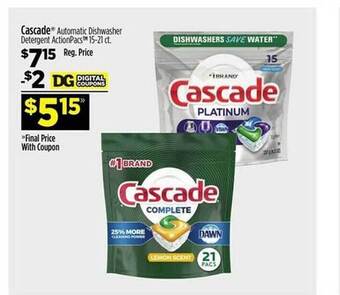 Dollar General Cascade automatic dishwasher detergent actionpacs offer