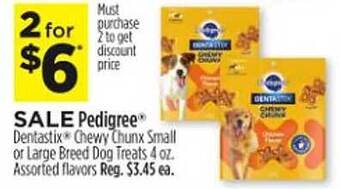 Dollar General Pedigree dentastix chewy chunx small or large breed dog treats offer