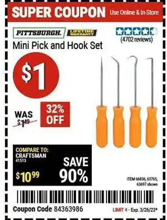 Harbor Freight Tools Pittsburgh. mini pick and hook set offer