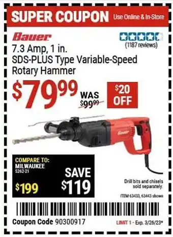 Harbor Freight Tools Bauer 7.3 amp. 1 in. sds-plus type variable-speed rotary hammer offer