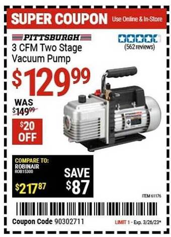 Harbor Freight Tools Pittsburgh 3 cfm two stage vacuum pump offer