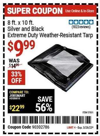 Harbor Freight Tools 8 ft. x 10 ft. silver and black extreme duty weather-resistant tarp offer