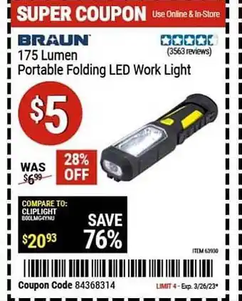 Harbor Freight Tools Braun 175 lumen portable folding led work light offer