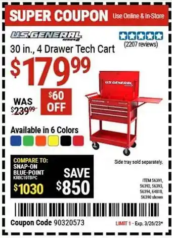 Harbor Freight Tools Us. general 30 in. 4 drawer tech cart offer