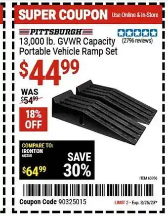 Harbor Freight Tools Pittsburgh 13.000 lb. gvwr capacity portable vehicle ramp set offer