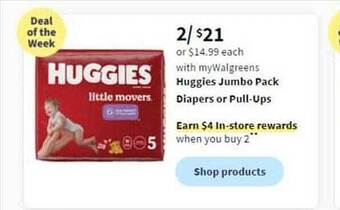 Walgreens Huggies jumbo pack diapers or pull-ups offer