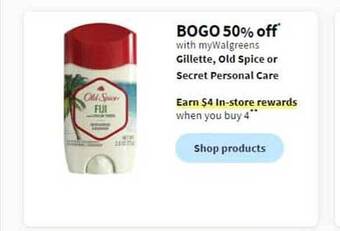 Walgreens Gillette, old spice or secret personal care offer