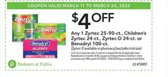 Publix Zyrtec, children's or benadryl offer