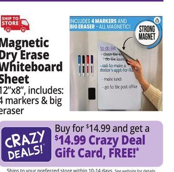 Ocean State Job Lot Cinch! 12" x 8" magnetic dry erase whiteboard sheet for kitchen fridge offer