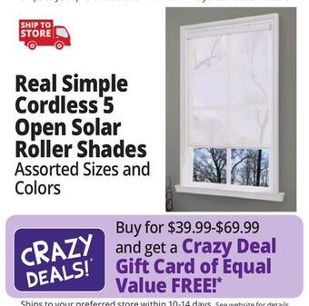 Ocean State Job Lot Real simple cordless 5% open solar roller shades offer