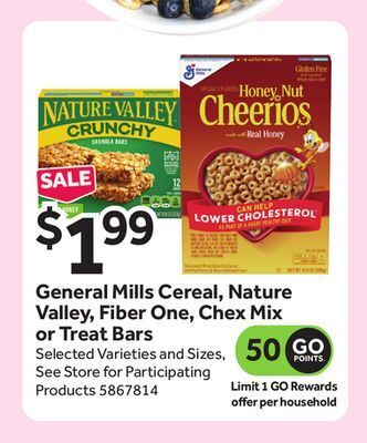 Stop&Shop General mills cereal, nature valley, fiber one, chex mix or treat bars offer