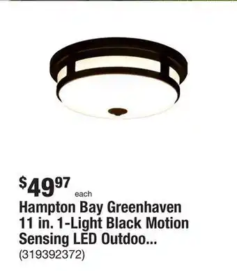 The Home Depot Hampton bay greenhaven 11 in. 1-light black motion sensing led outdoor flush mount light color selectable ceiling light 830 l offer