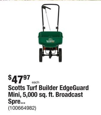 The Home Depot Scotts turf builder edgeguard mini, 5,000 sq. ft. broadcast spreader for seed, fertilizer, and ice melt offer