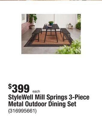 The Home Depot Stylewell mill springs 3-piece metal outdoor dining set offer