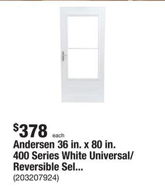 The Home Depot Andersen 36 in. x 80 in. 400 series white universal/reversible self-storing aluminum mid-view storm door with nickel hardware offer