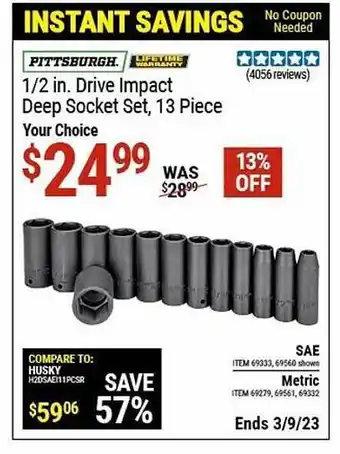 Harbor Freight Tools Pittsburgh drive impact deep socket set, 13 piece offer