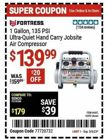 Harbor Freight Tools Fortress 1 gallon 135 psi ultra-quiet hand carry jobsite air compressor offer