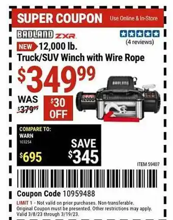Harbor Freight Tools Badland zxr truck or suv winch with wire rope offer