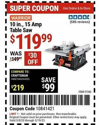 Harbor Freight Tools Warrior 15 amp table saw offer