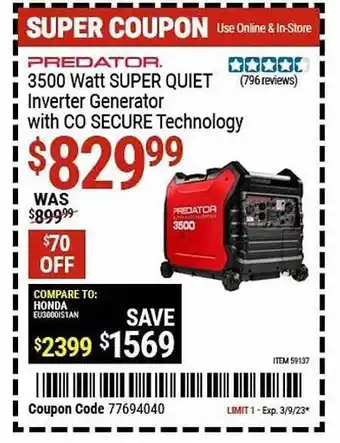 Harbor Freight Tools Predator 3500 watt super quiet inverter generator with co secure technology offer