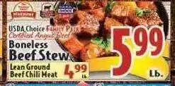 Butera Boneless beef stew, lean ground beef chili meat offer