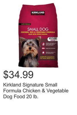 Costco Kirkland signature small formula chicken & vegetable dog food 20 lb. offer